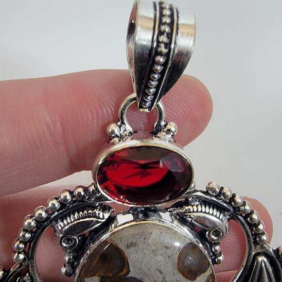 Handmade Silver Pendant with Fossil Coral and Red Garnet Accent - Picture 8 of 10